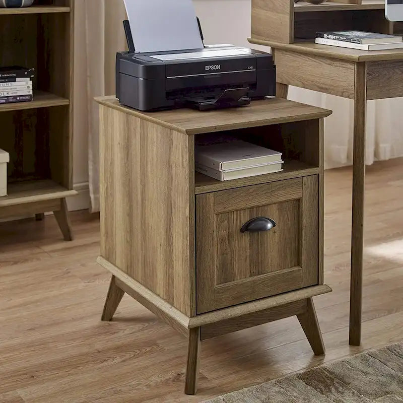 Meuble de classement en bois style Mid-Century avec étagère ouverte et tiroir à extension complète, Chêne fumé