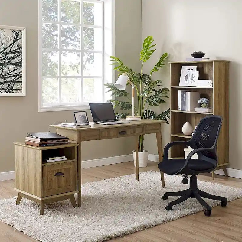 Meuble de classement en bois style Mid-Century avec étagère ouverte et tiroir à extension complète, Chêne fumé