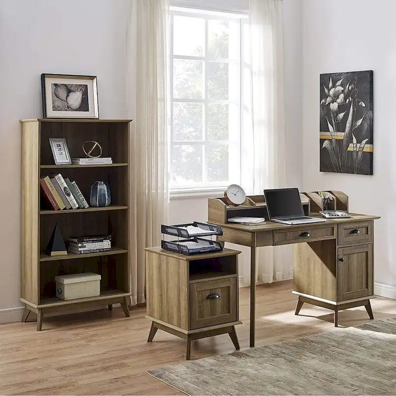 Meuble de classement en bois style Mid-Century avec étagère ouverte et tiroir à extension complète, Chêne fumé