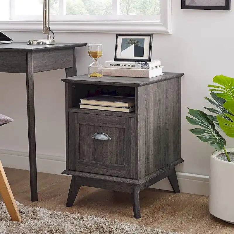 Meuble de classement en bois style Mid-Century avec étagère ouverte et tiroir à extension complète, Chêne fumé