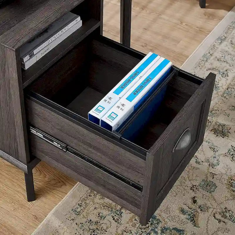 Meuble de classement en bois style Mid-Century avec étagère ouverte et tiroir à extension complète, Chêne fumé