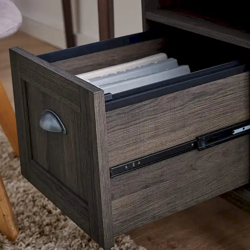 Meuble de classement en bois style Mid-Century avec étagère ouverte et tiroir à extension complète, Chêne fumé