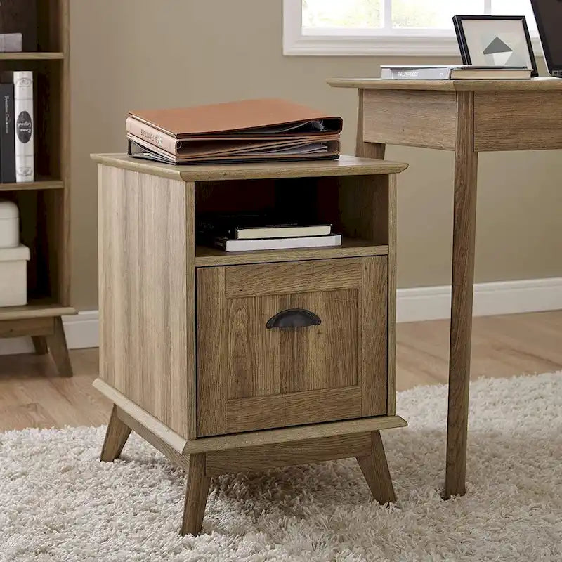 Meuble de classement en bois style Mid-Century avec étagère ouverte et tiroir à extension complète, Chêne fumé