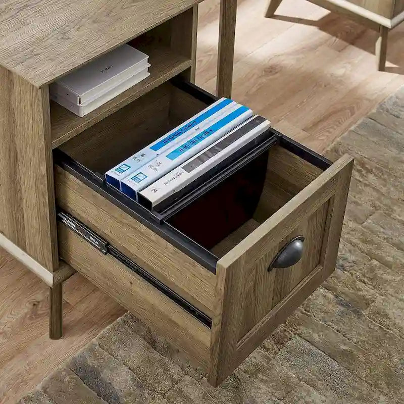 Meuble de classement en bois style Mid-Century avec étagère ouverte et tiroir à extension complète, Chêne fumé