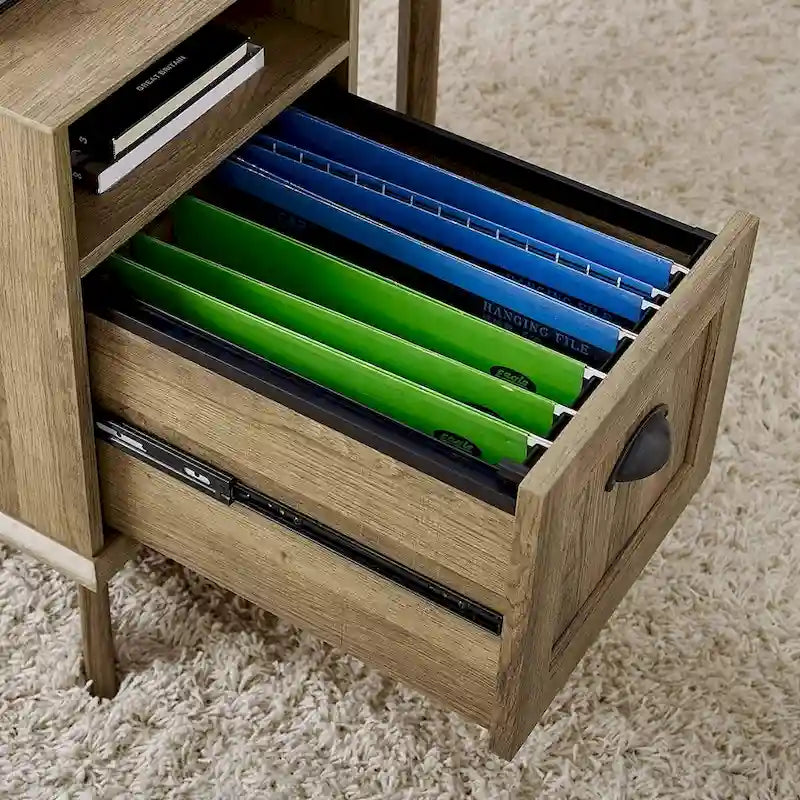 Meuble de classement en bois style Mid-Century avec étagère ouverte et tiroir à extension complète, Chêne fumé