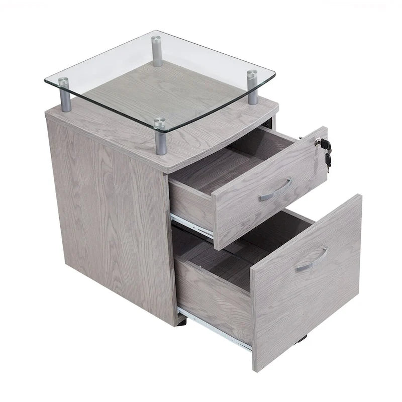 Meuble Classeur Roulant Gris avec Plateau en Verre Trempé, Tiroirs Verrouillables et Roulettes Mobiles