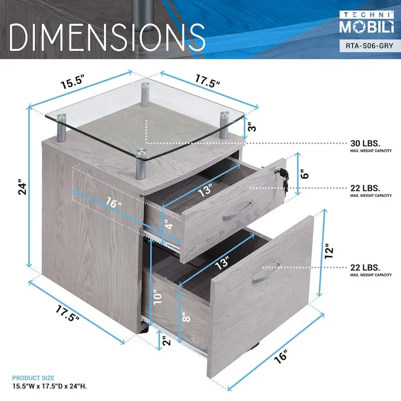 Meuble Classeur Roulant Gris avec Plateau en Verre Trempé, Tiroirs Verrouillables et Roulettes Mobiles