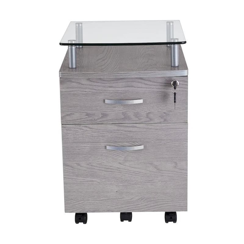 Meuble Classeur Roulant Gris avec Plateau en Verre Trempé, Tiroirs Verrouillables et Roulettes Mobiles
