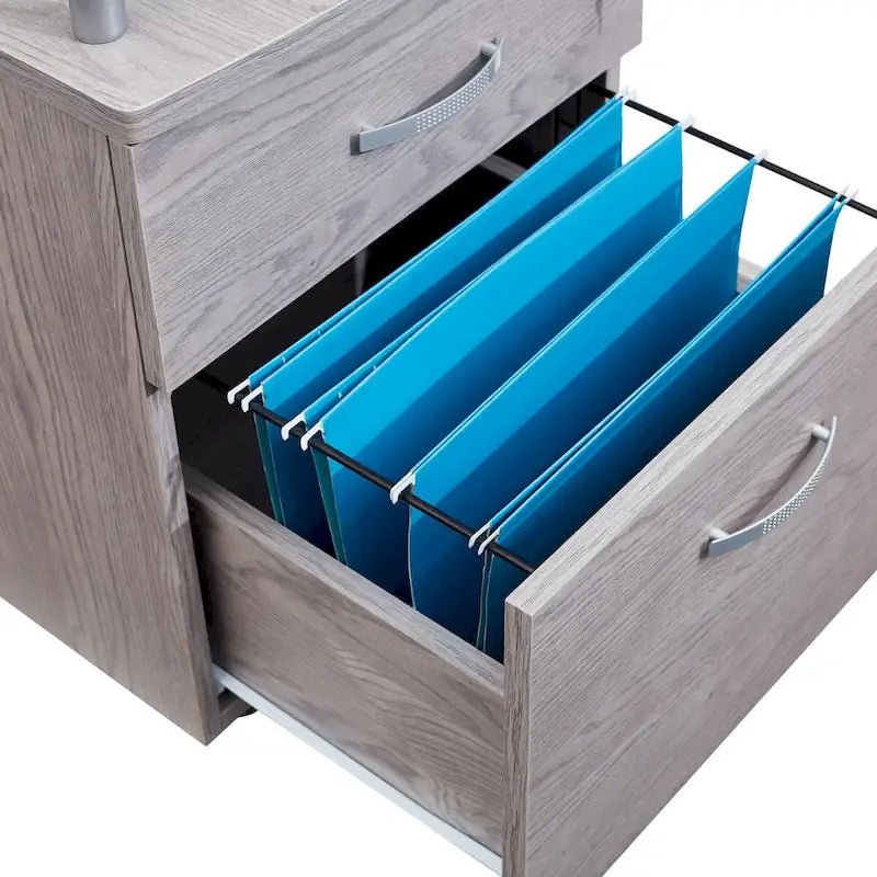Meuble Classeur Roulant Gris avec Plateau en Verre Trempé, Tiroirs Verrouillables et Roulettes Mobiles