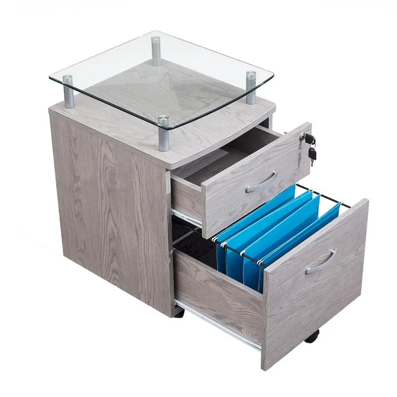 Meuble Classeur Roulant Gris avec Plateau en Verre Trempé, Tiroirs Verrouillables et Roulettes Mobiles