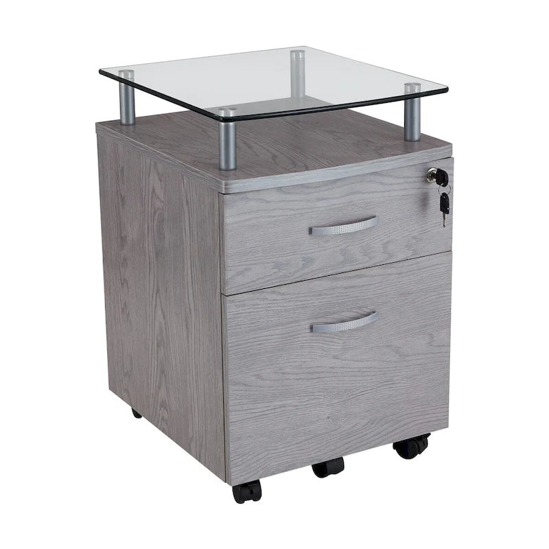 Meuble Classeur Roulant Gris avec Plateau en Verre Trempé, Tiroirs Verrouillables et Roulettes Mobiles