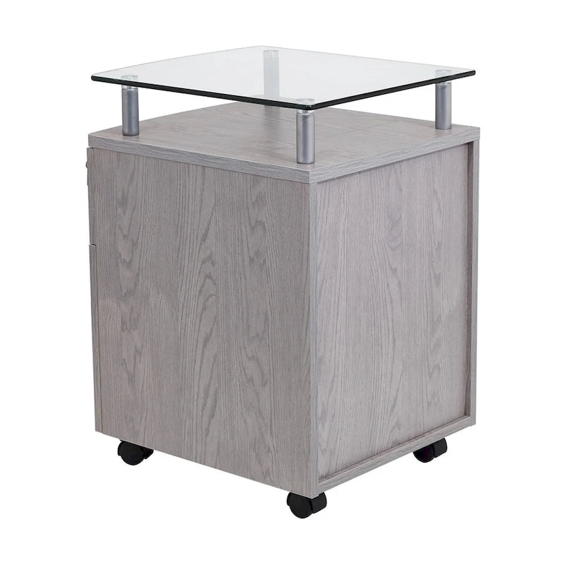 Meuble Classeur Roulant Gris avec Plateau en Verre Trempé, Tiroirs Verrouillables et Roulettes Mobiles