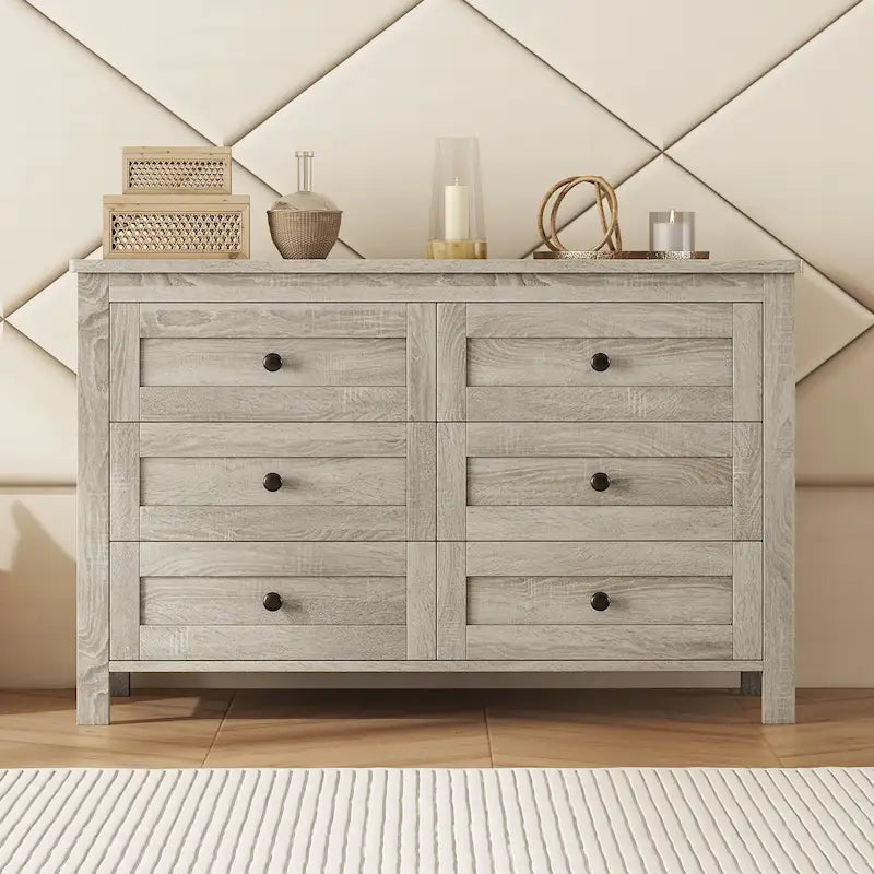Commode de rangement 6 tiroirs style ferme en bois gris, blanc et marron antique