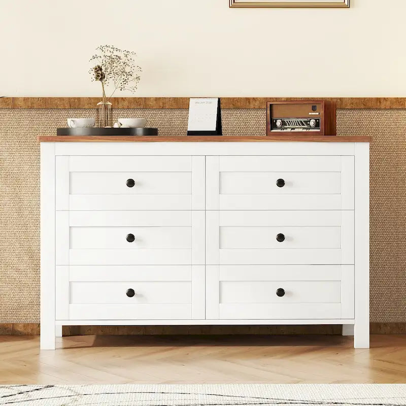 Commode de rangement 6 tiroirs style ferme en bois gris, blanc et marron antique