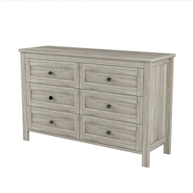 Commode de rangement 6 tiroirs style ferme en bois gris, blanc et marron antique