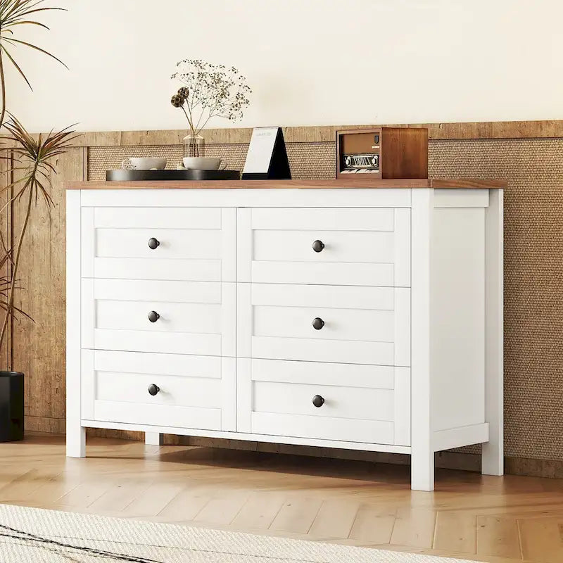 Commode de rangement 6 tiroirs style ferme en bois gris, blanc et marron antique
