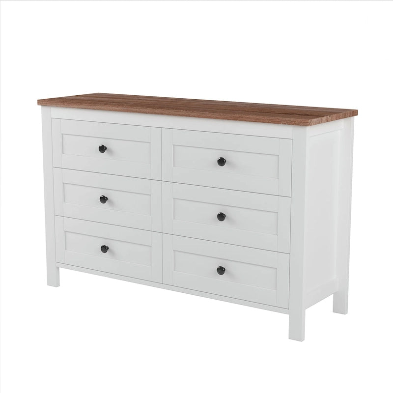 Commode de rangement 6 tiroirs style ferme en bois gris, blanc et marron antique