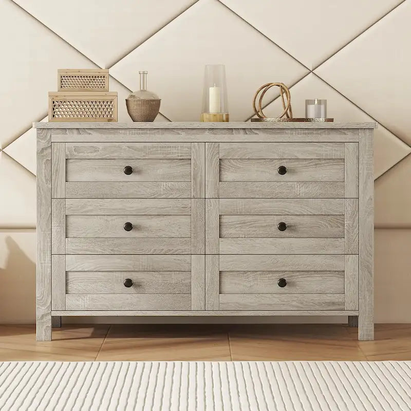 Commode de rangement 6 tiroirs style ferme en bois gris, blanc et marron antique