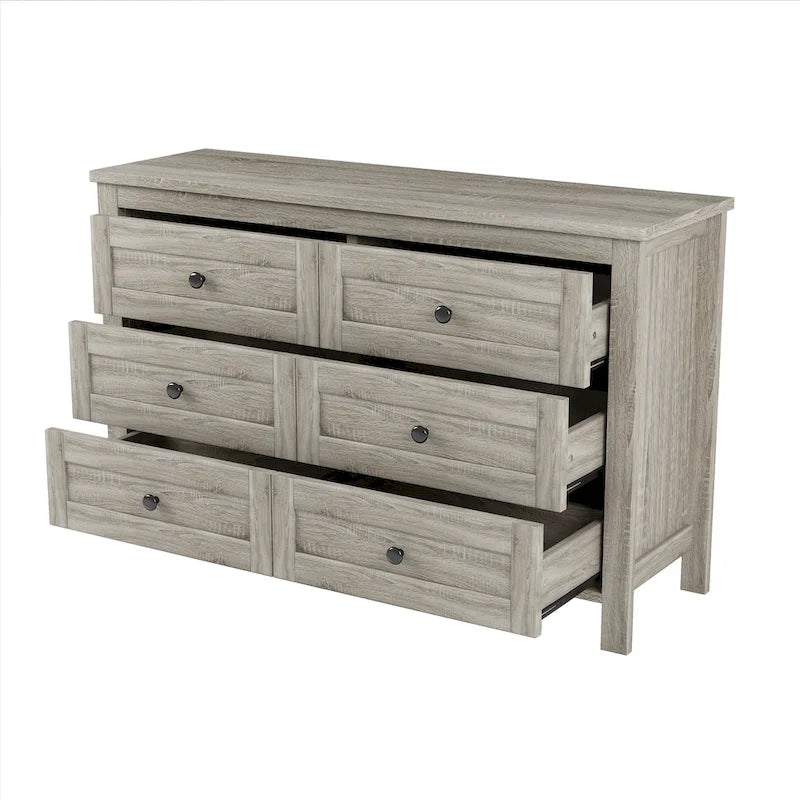 Commode de rangement 6 tiroirs style ferme en bois gris, blanc et marron antique