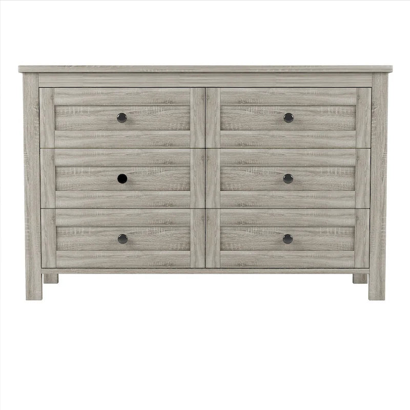 Commode de rangement 6 tiroirs style ferme en bois gris, blanc et marron antique