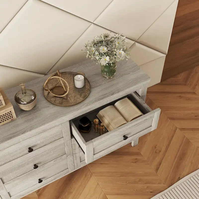 Commode de rangement 6 tiroirs style ferme en bois gris, blanc et marron antique