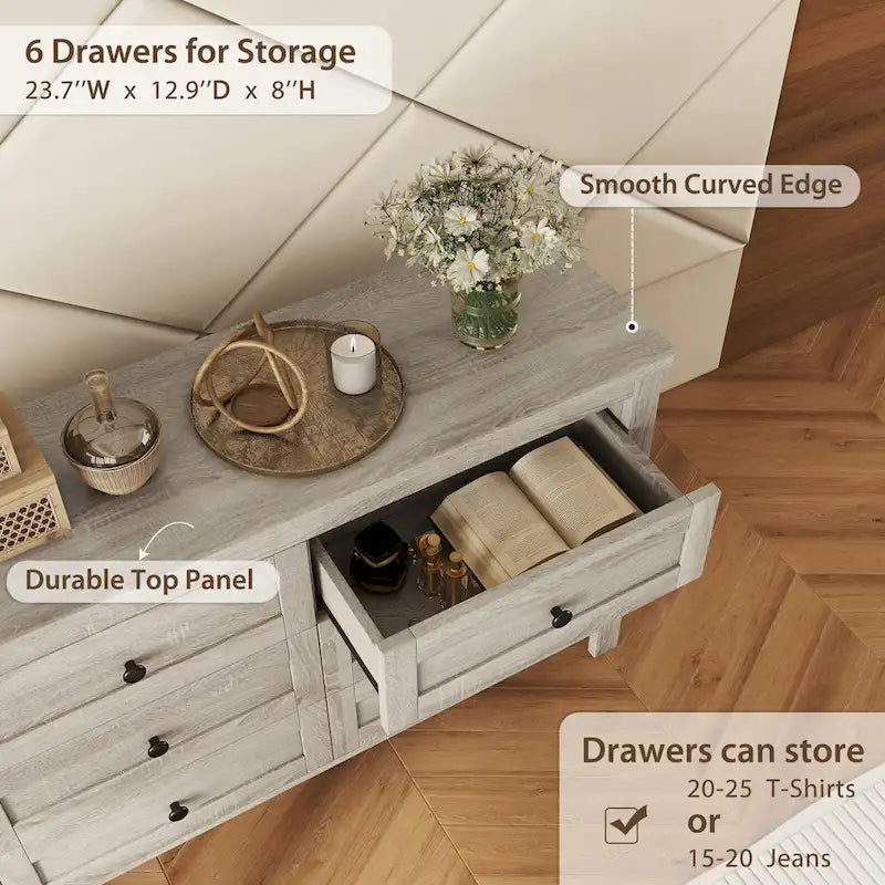 Commode de rangement 6 tiroirs style ferme en bois gris, blanc et marron antique