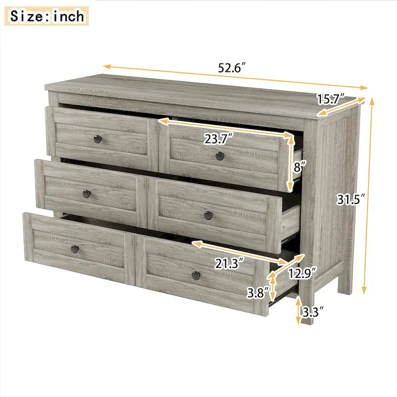 Commode de rangement 6 tiroirs style ferme en bois gris, blanc et marron antique