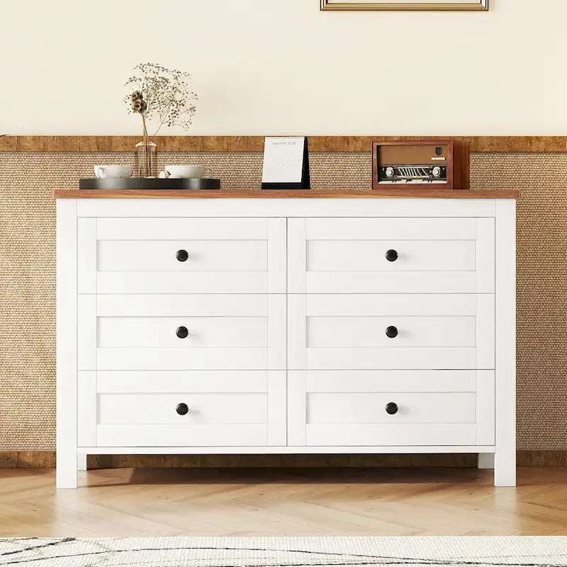 Commode de rangement 6 tiroirs style ferme en bois gris, blanc et marron antique