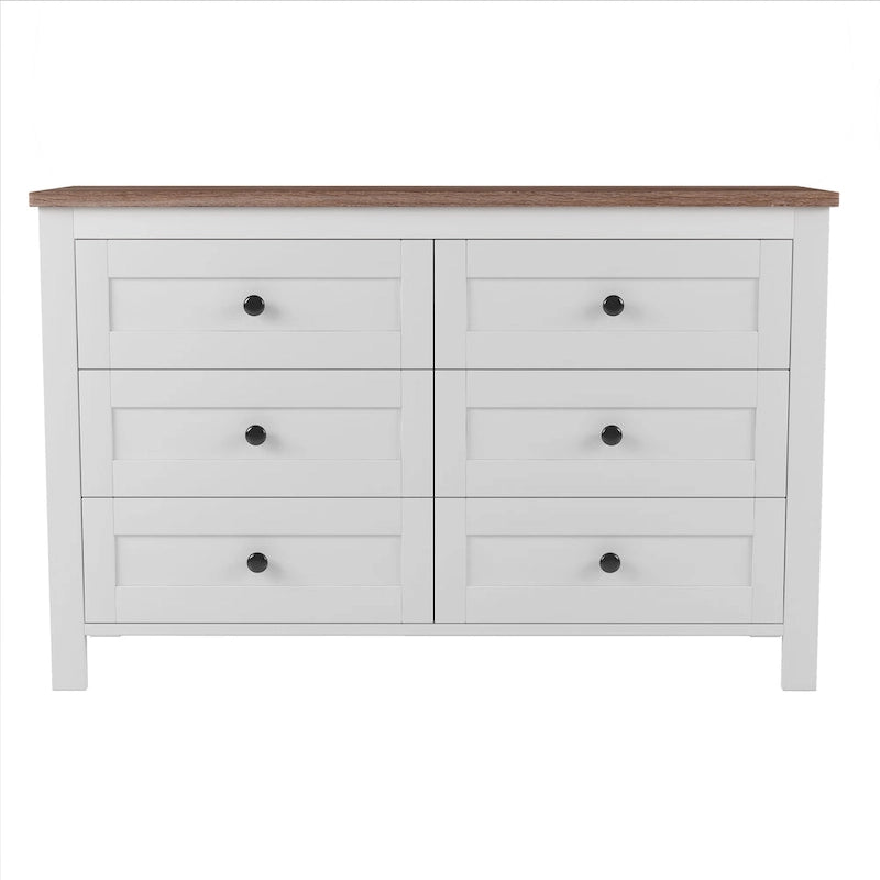 Commode de rangement 6 tiroirs style ferme en bois gris, blanc et marron antique