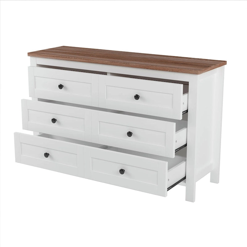 Commode de rangement 6 tiroirs style ferme en bois gris, blanc et marron antique