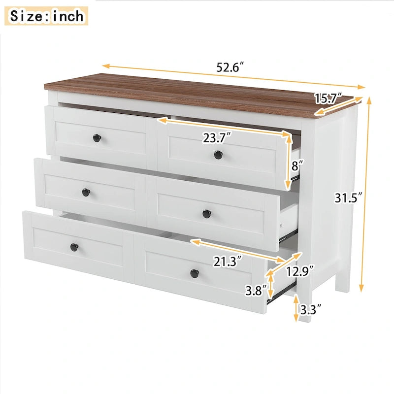 Commode de rangement 6 tiroirs style ferme en bois gris, blanc et marron antique