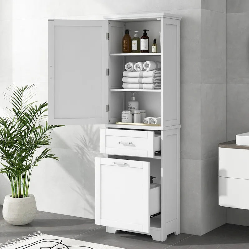 Armoire de rangement sur pied blanche et haute avec tiroirs, porte et étagère réglable