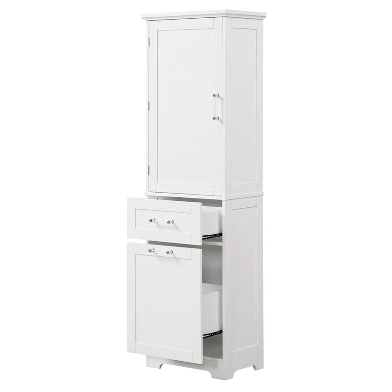 Armoire de rangement sur pied blanche et haute avec tiroirs, porte et étagère réglable