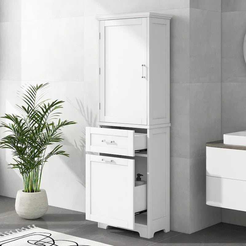 Armoire de rangement sur pied blanche et haute avec tiroirs, porte et étagère réglable