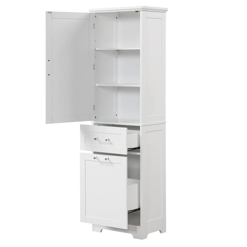 Armoire de rangement sur pied blanche et haute avec tiroirs, porte et étagère réglable