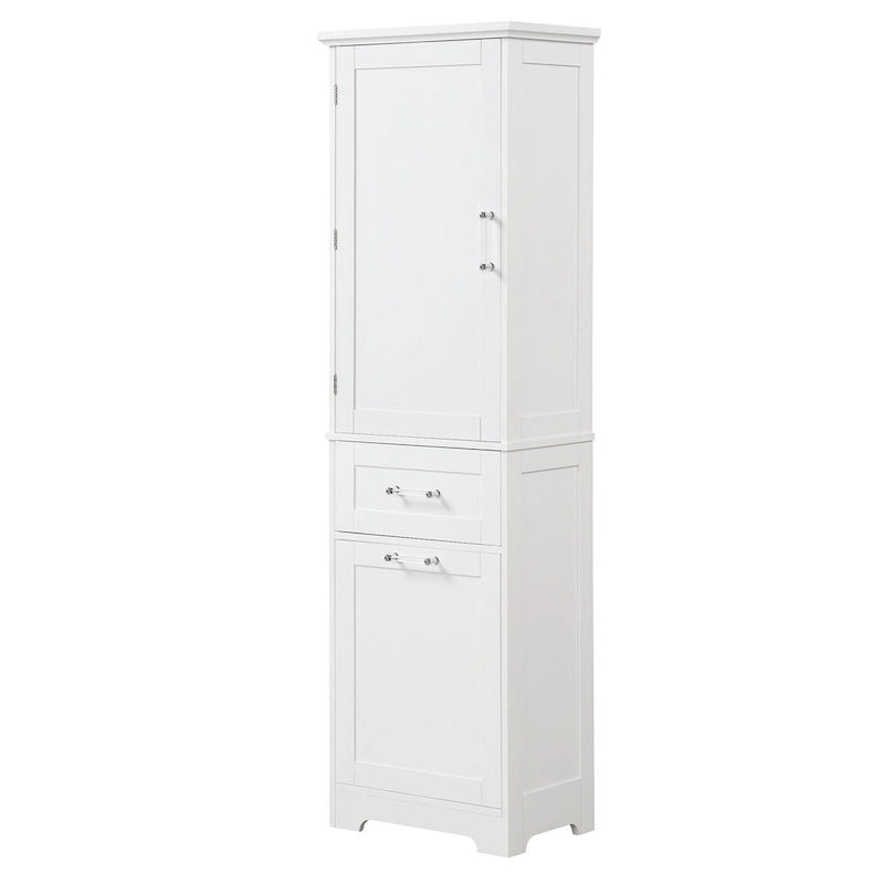 Armoire de rangement sur pied blanche et haute avec tiroirs, porte et étagère réglable