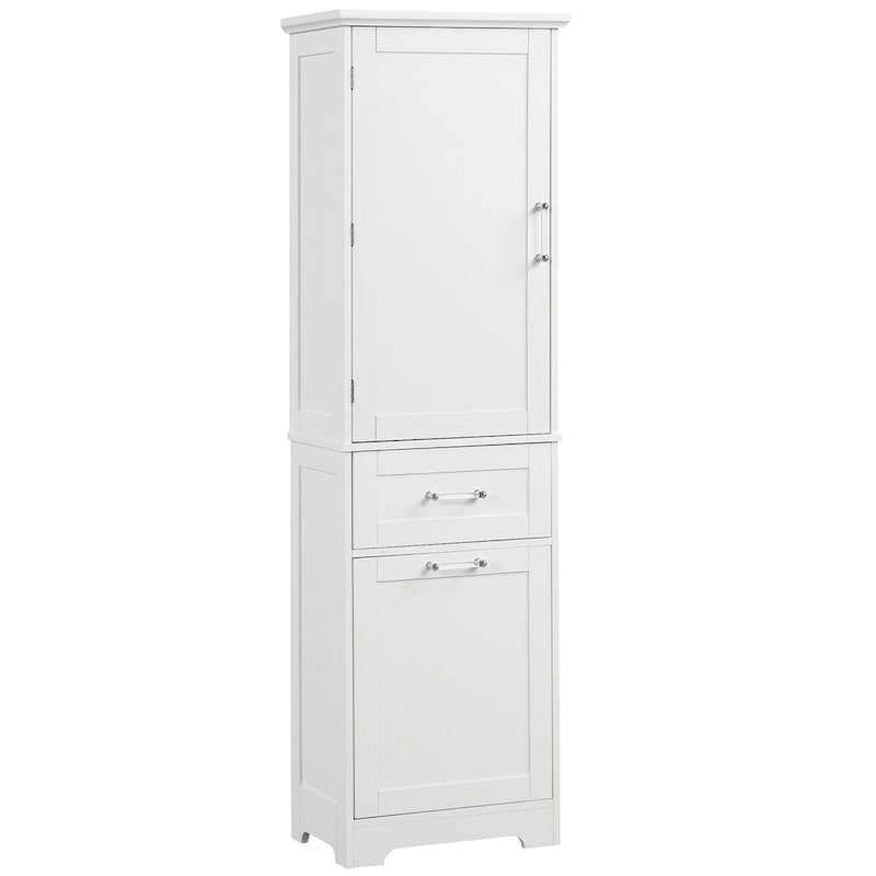 Armoire de rangement sur pied blanche et haute avec tiroirs, porte et étagère réglable