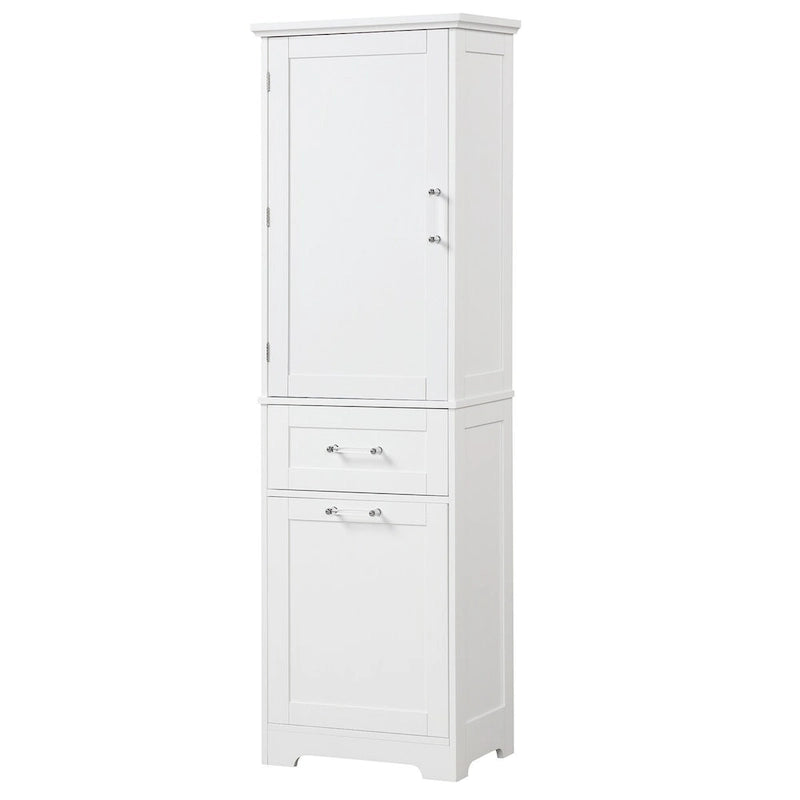 Armoire de rangement sur pied blanche et haute avec tiroirs, porte et étagère réglable