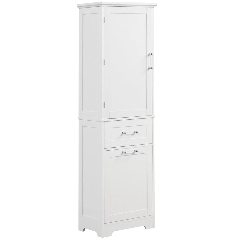 Armoire de rangement sur pied blanche et haute avec tiroirs, porte et étagère réglable