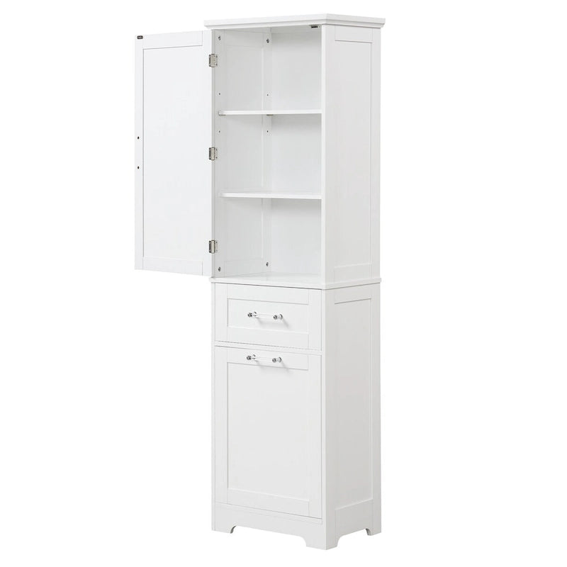 Armoire de rangement sur pied blanche et haute avec tiroirs, porte et étagère réglable
