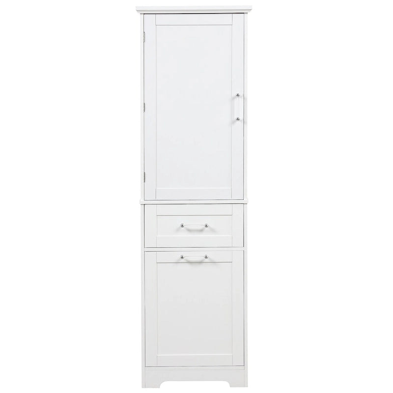 Armoire de rangement sur pied blanche et haute avec tiroirs, porte et étagère réglable