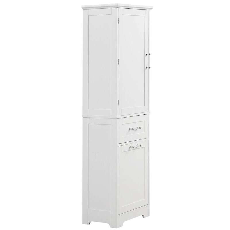 Armoire de rangement sur pied blanche et haute avec tiroirs, porte et étagère réglable