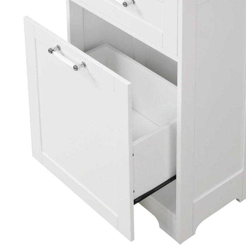 Armoire de rangement sur pied blanche et haute avec tiroirs, porte et étagère réglable