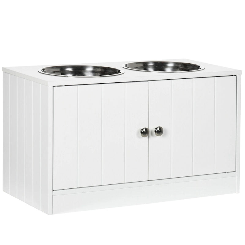 Mangeoire surélevée blanche pour chien avec placard de rangement et gamelles en acier inoxydable