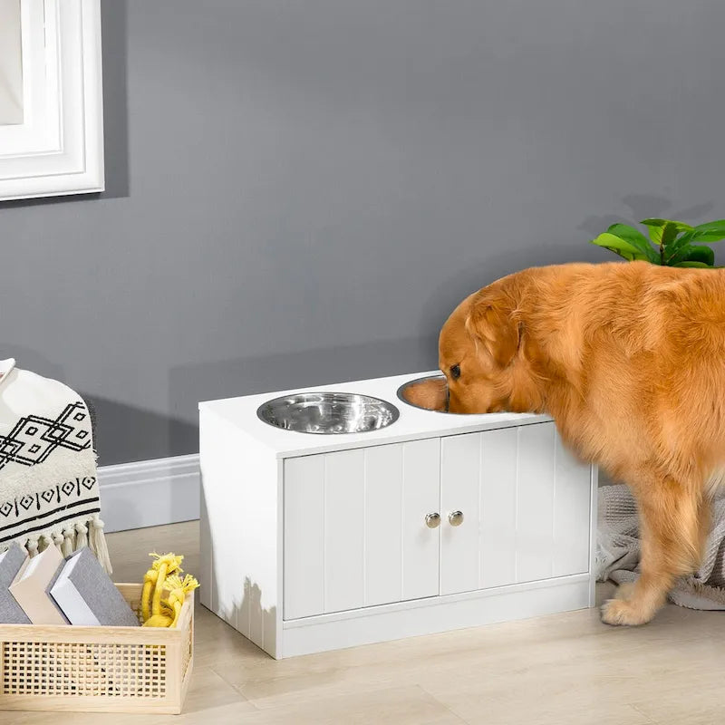 Mangeoire surélevée blanche pour chien avec placard de rangement et gamelles en acier inoxydable