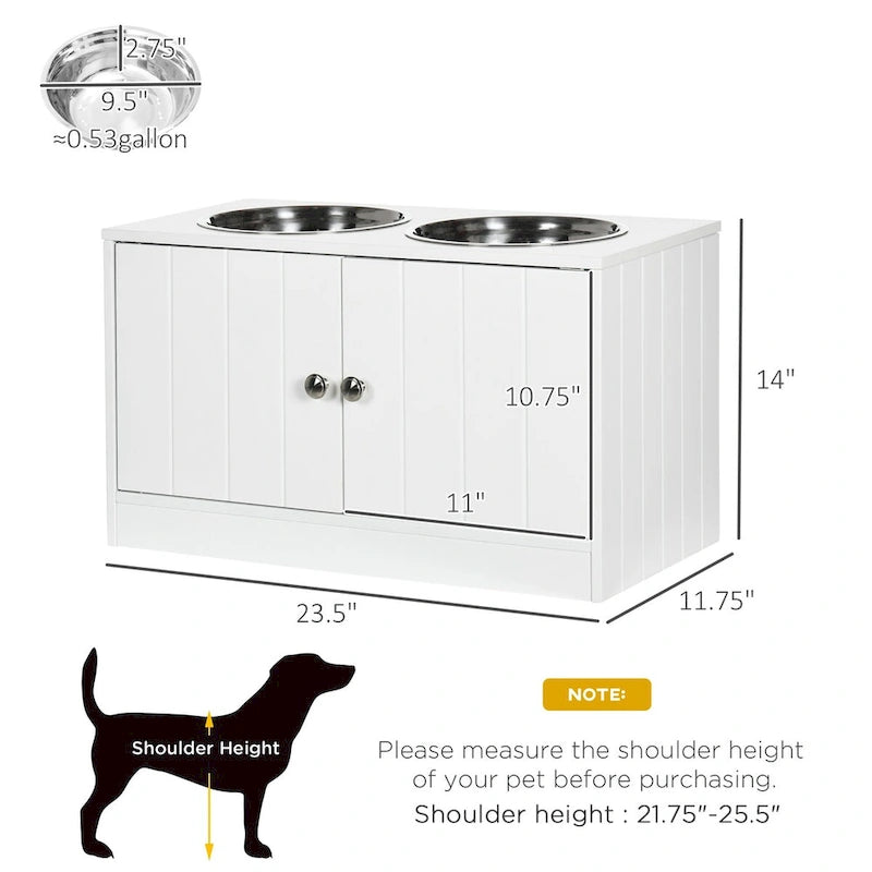Mangeoire surélevée blanche pour chien avec placard de rangement et gamelles en acier inoxydable
