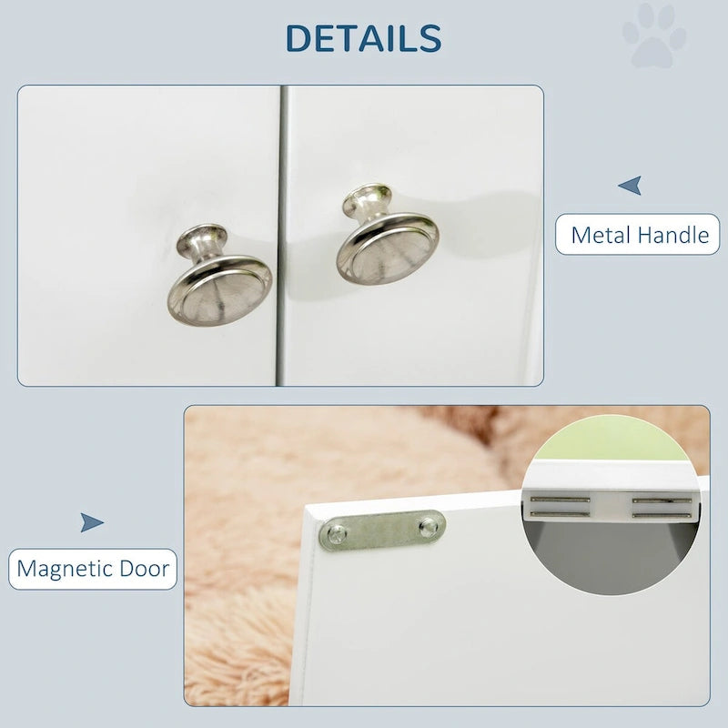 Mangeoire surélevée blanche pour chien avec placard de rangement et gamelles en acier inoxydable