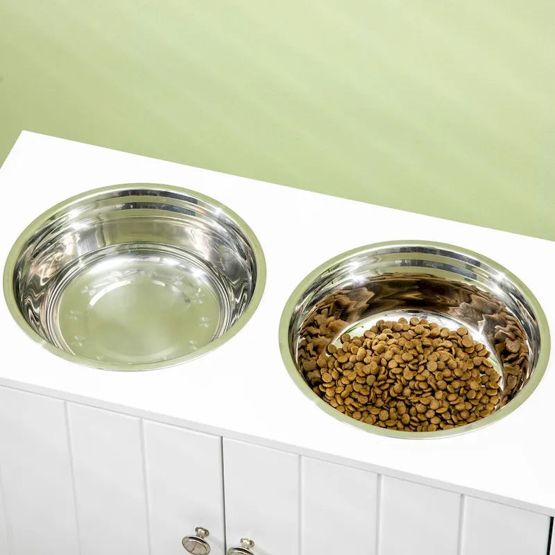 Mangeoire surélevée blanche pour chien avec placard de rangement et gamelles en acier inoxydable