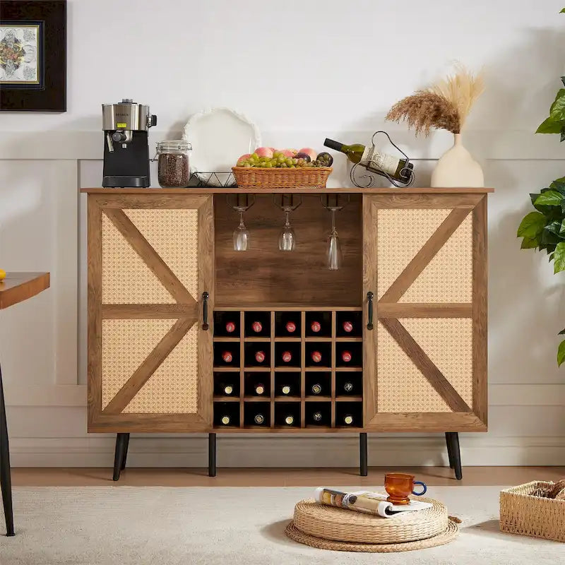 Meuble à vin rustique en chêne et rotin avec casier à bouteilles et support à verres
