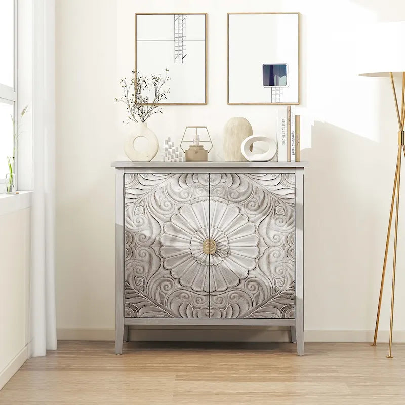 Meuble de rangement 2 portes gris et blanc avec motifs floraux sculptés pour chambre ou salon